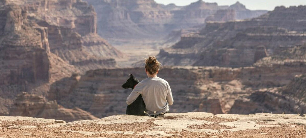 A woman sitting on a cliff with her arm around her beloved dog, overlooking a desert valley.